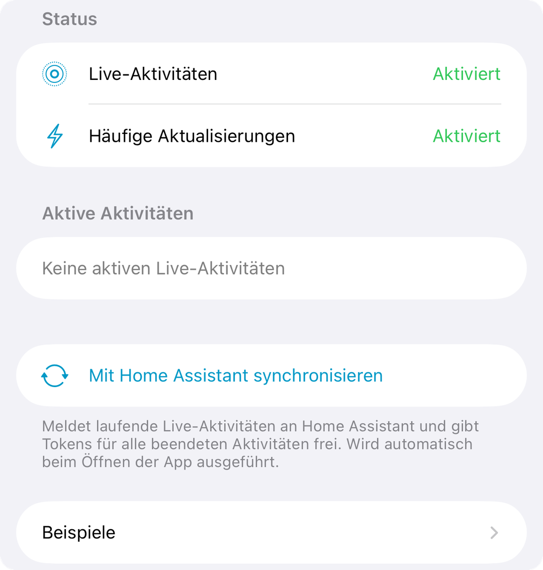 Live-Aktivitäten in den Einstellungen der Companion-App