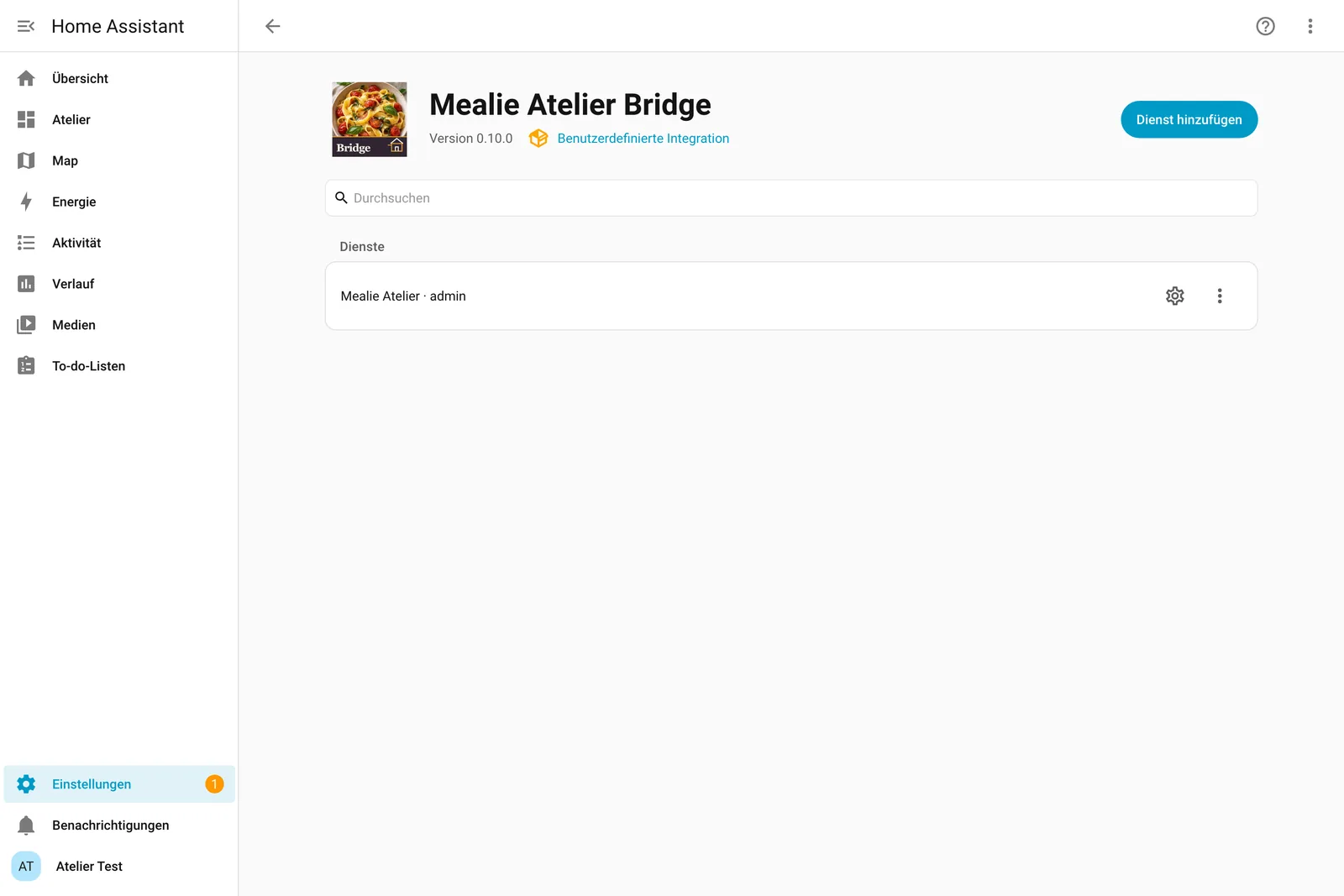 Die Mealie Atelier Bridge in der Integrationsübersicht von Home Assistant