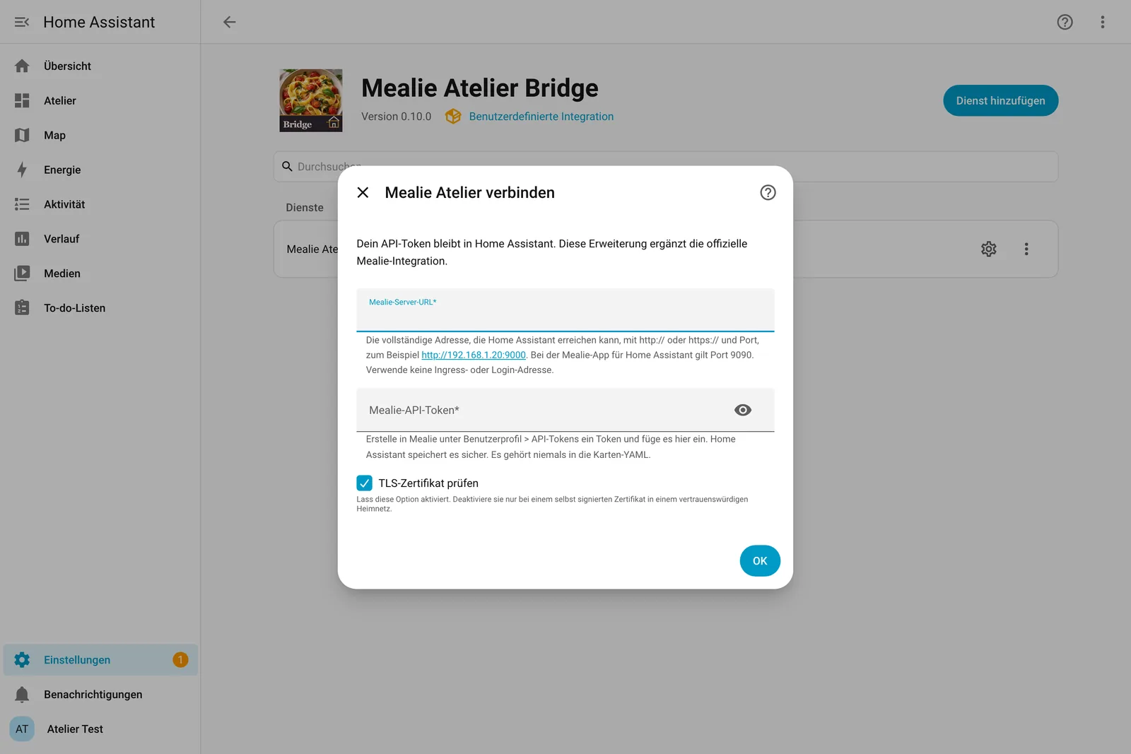 Formular „Mealie Atelier verbinden“ mit Server-URL, API-Token und TLS-Option