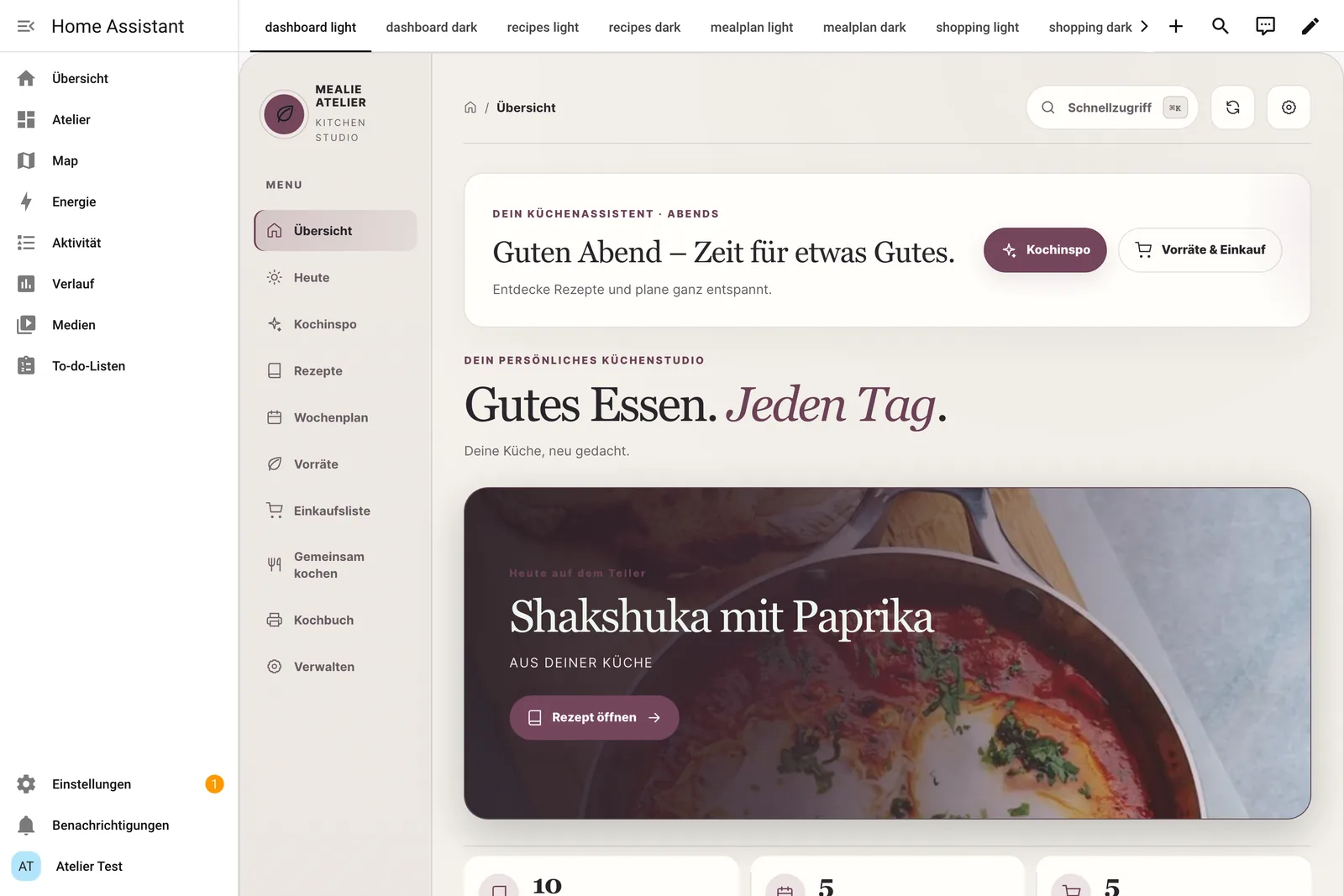 Mealie Atelier als Küchenübersicht in einem Home-Assistant-Dashboard, helles Design