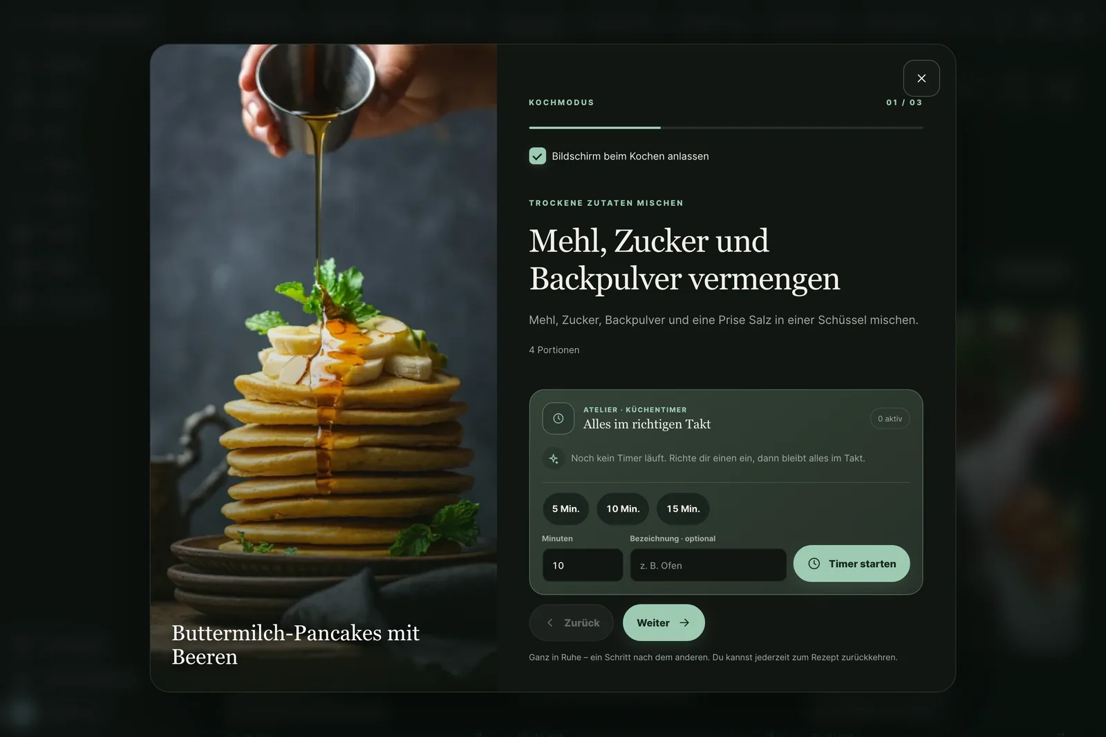 Kochmodus mit Schritt, Küchentimer und Foto im dunklen Design