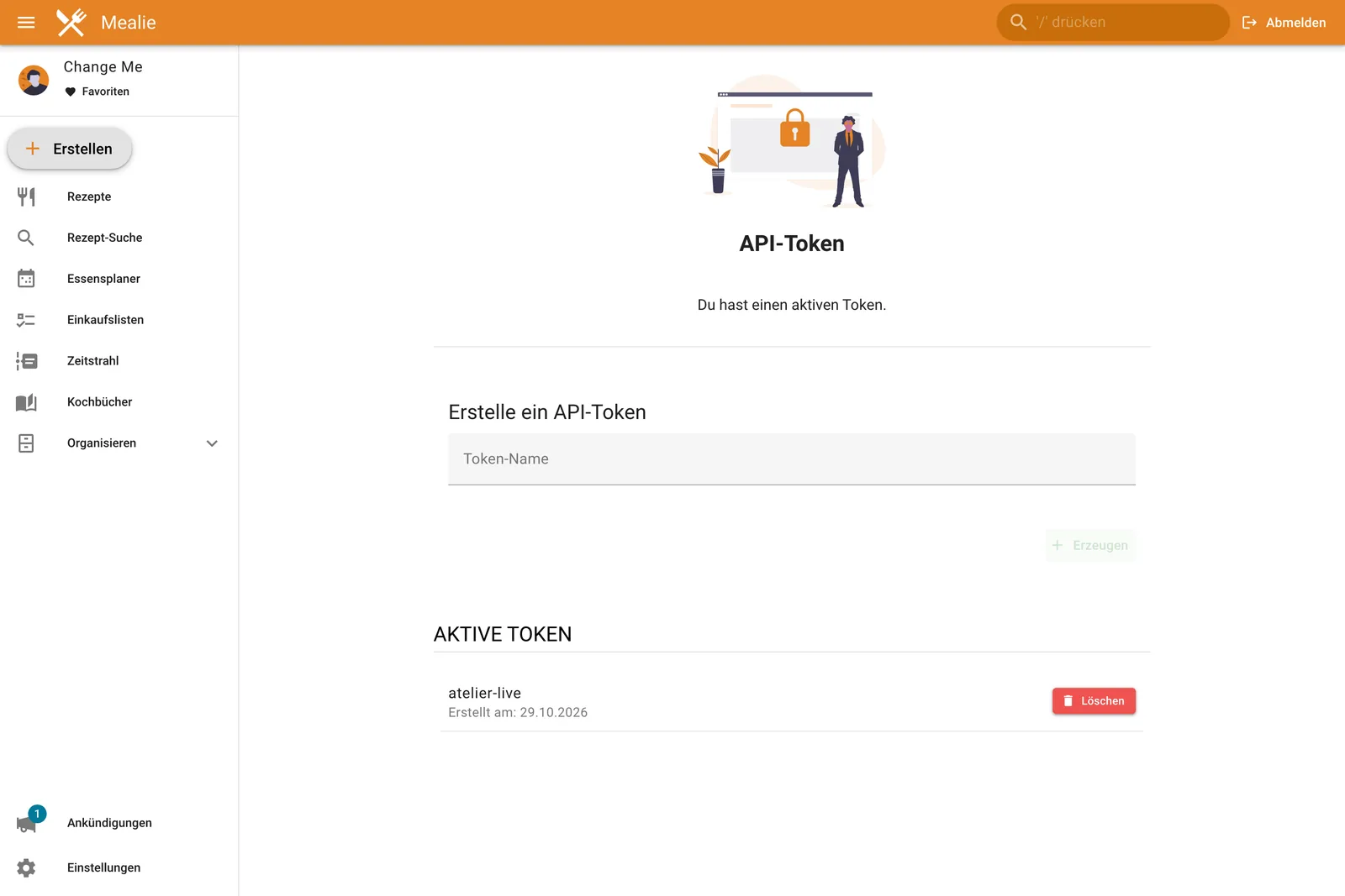 Mealie-Seite API-Token mit dem Feld Token-Name, dem Knopf Erzeugen und einem aktiven Token in der Liste