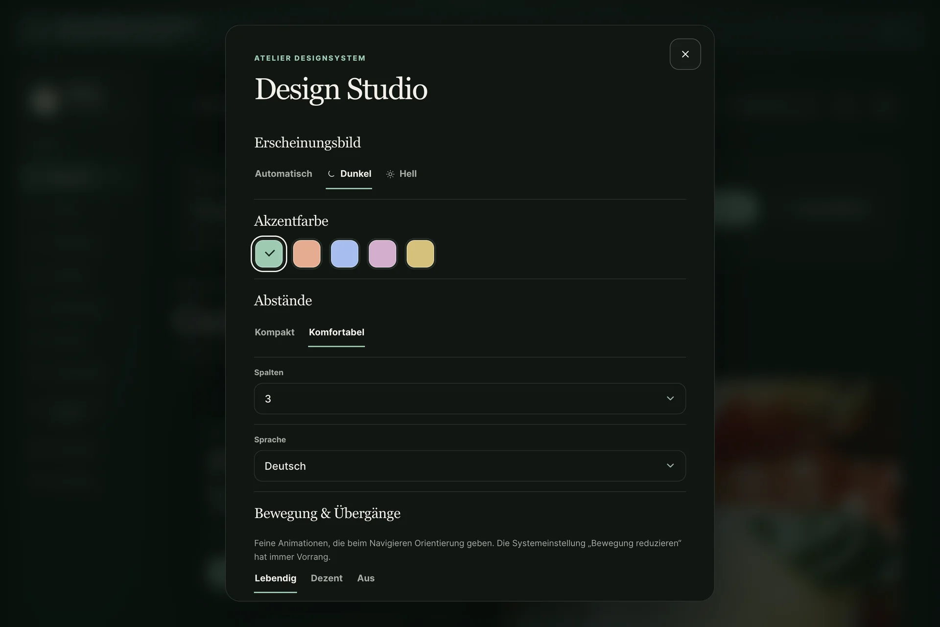 Design Studio mit den Bereichen Erscheinungsbild (Automatisch, Dunkel oder Hell), Akzentfarbe mit fünf Farben, Abstände Kompakt oder Komfortabel, Spalten, Sprache und Bewegung & Übergänge