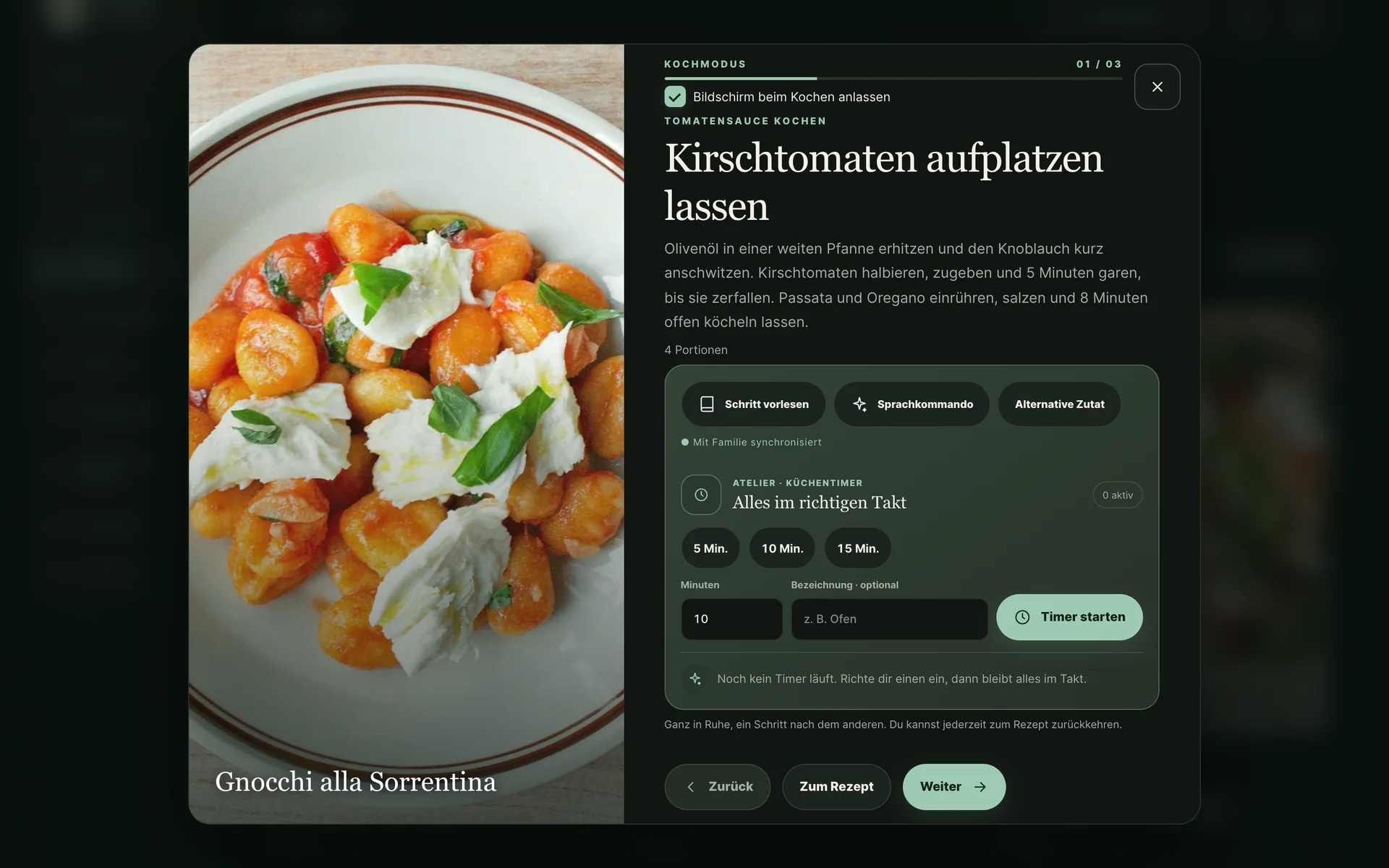 Kochmodus mit Schritt 1 von 3, dem Haken Bildschirm beim Kochen anlassen, einem Küchentimer mit 5, 10 und 15 Minuten und den Knöpfen Zurück und Weiter