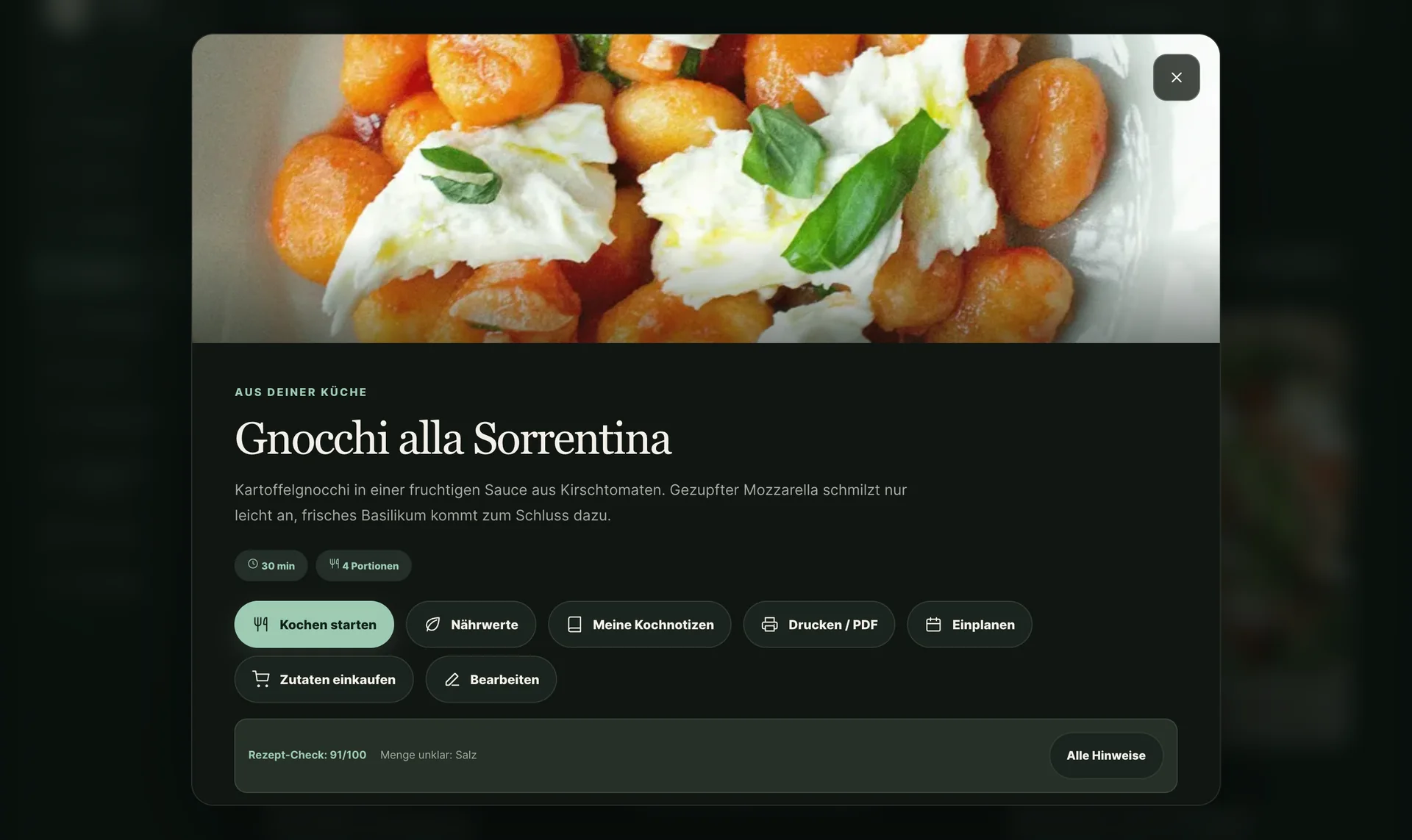 Rezept Gnocchi alla Sorrentina mit Titelfoto und den Knöpfen Kochen starten, Nährwerte, Meine Kochnotizen, Drucken / PDF, Einplanen, Zutaten einkaufen und Bearbeiten