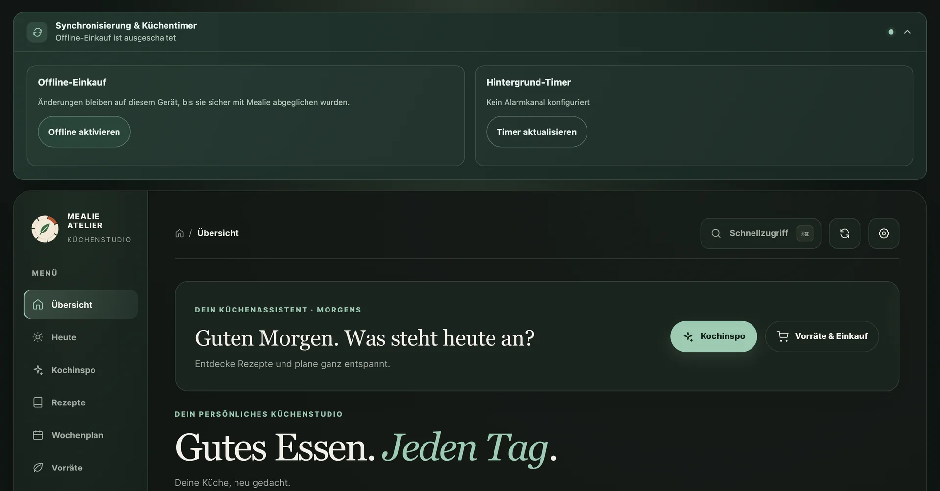 Aufgeklappte Statusleiste Synchronisierung und Küchentimer mit den Bereichen Offline-Einkauf und Hintergrund-Timer, dort der Hinweis Kein Alarmkanal konfiguriert