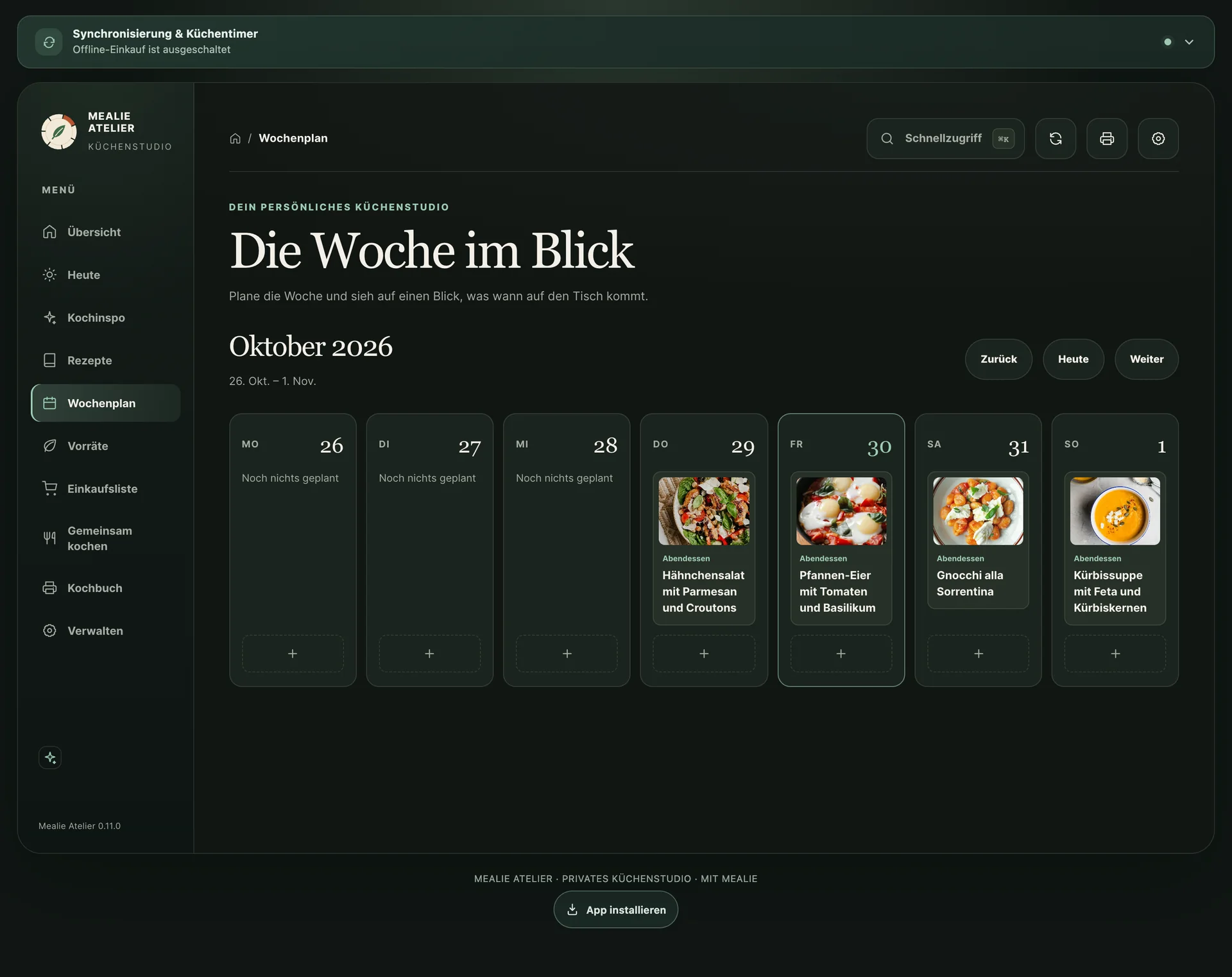Wochenplan Die Woche im Blick mit sieben Tagesspalten von Montag bis Sonntag und eingeplanten Abendessen von Donnerstag bis Sonntag