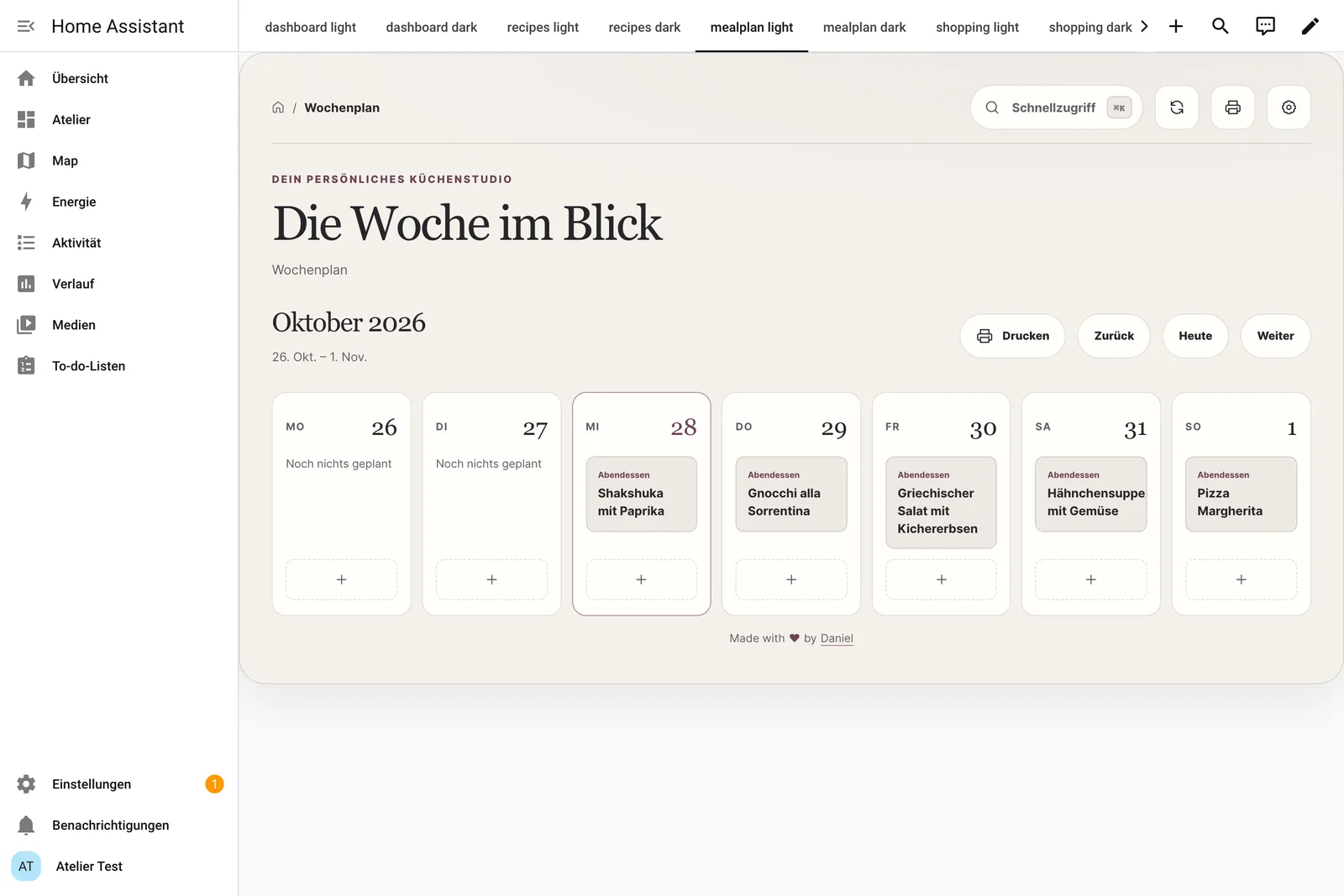 Wochenplaner mit Abendessen für die Tage der Woche