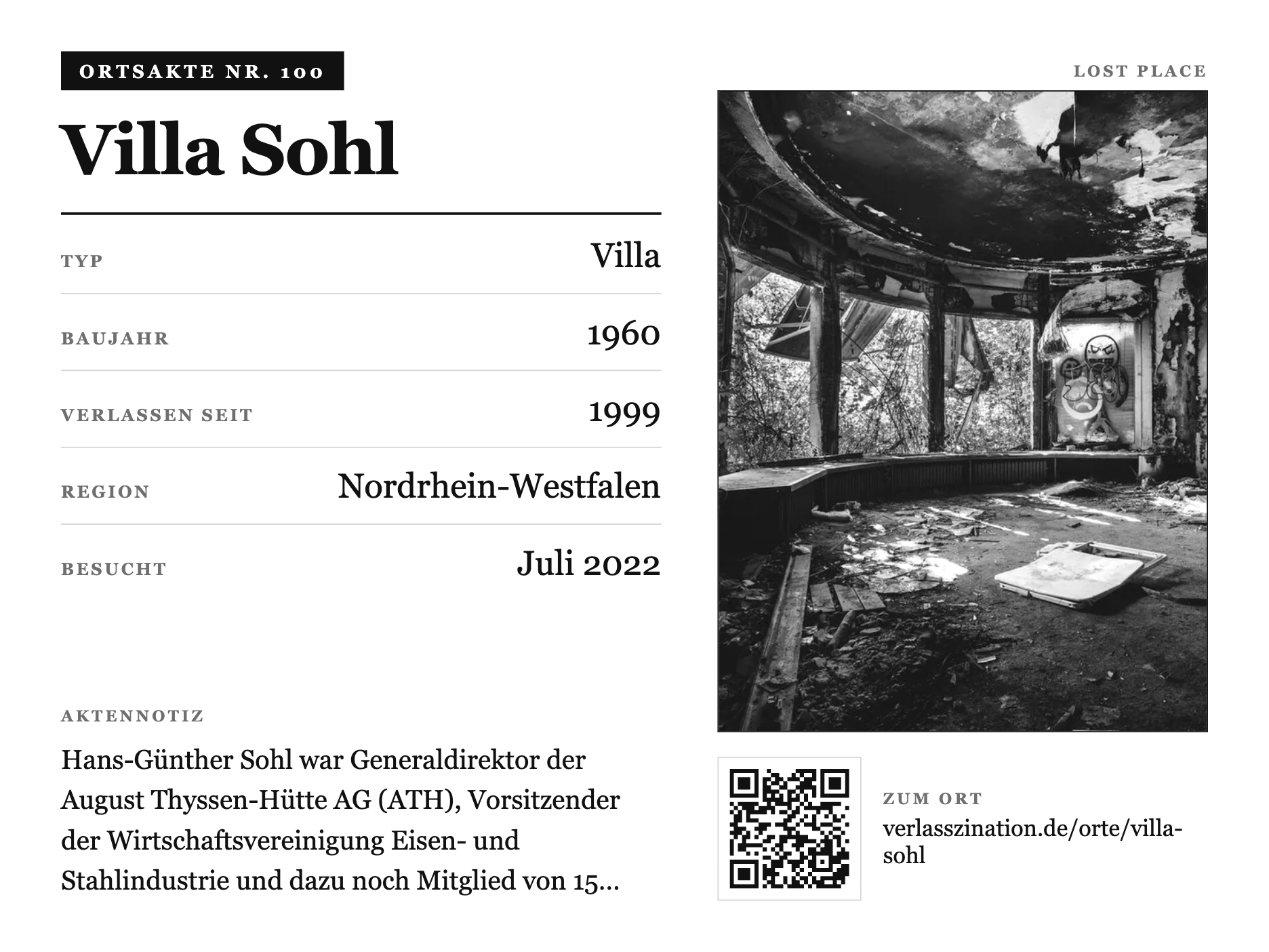 Lost Place-Screen auf dem TRMNL X: links die Ortsakte mit Faktentabelle, rechts das gerahmte Foto und ein QR-Code zur Ortsseite